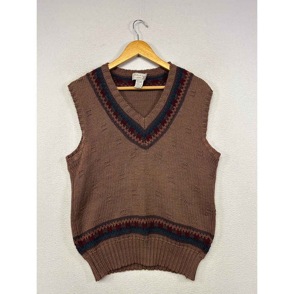 Vintage Tricots St Raphael Mens Medium Brown Wool Fair Isle V-Neck Sweater Vest